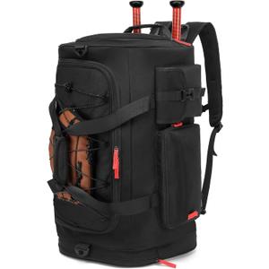 TUGUAN Baseball Duffle Bag for Youth and Adult, Large Softball Backpack with Shoes Compartment, 65L Baseball & Softball Equipment Bag Bat Bag Holds 2 Bats, Fence Hook for Catchers Gear, Upgraded Black