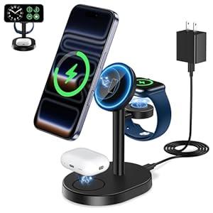 Hevanto 2026 3 in 1 Wireless Charging Station for Apple MagSafe Charger, 15W Fast Magnetic Mag-Safe Charger Stand for iPhone 17 16 15 14 13 12 17e Apple Watch AirPods Series, Gifts for Men