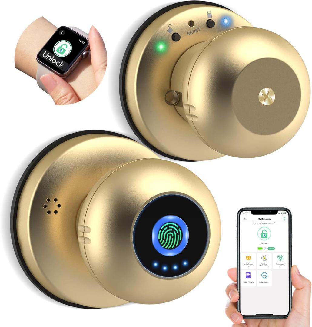 Smart Door Knob with Lock, Anweller Fingerprint Biometric Keyless Entry Electronic Digital Bluetooth App Control WiFi Door Lock for Bedroom Interior Apartment Garage Front Door - Gold