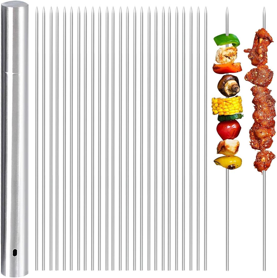 100 Pack 15.2" Kabob Skewers, Metal Skewers for Grilling, Stick BBQ Barbecue Skewer, Reusable Grilling Skewers Set with Portable Storage Tube for Commercial and Home Use