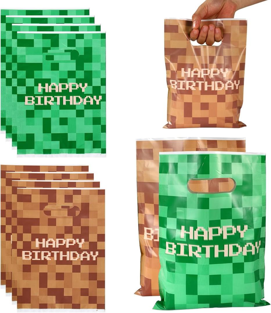 50pcs Pixel Birthday Party Favors Bags, Video Game Theme Happy Birthday Gift Treat Bag Pixel Party Favors for Decoration Candy Goodie Gift Snack (Green & Brown)