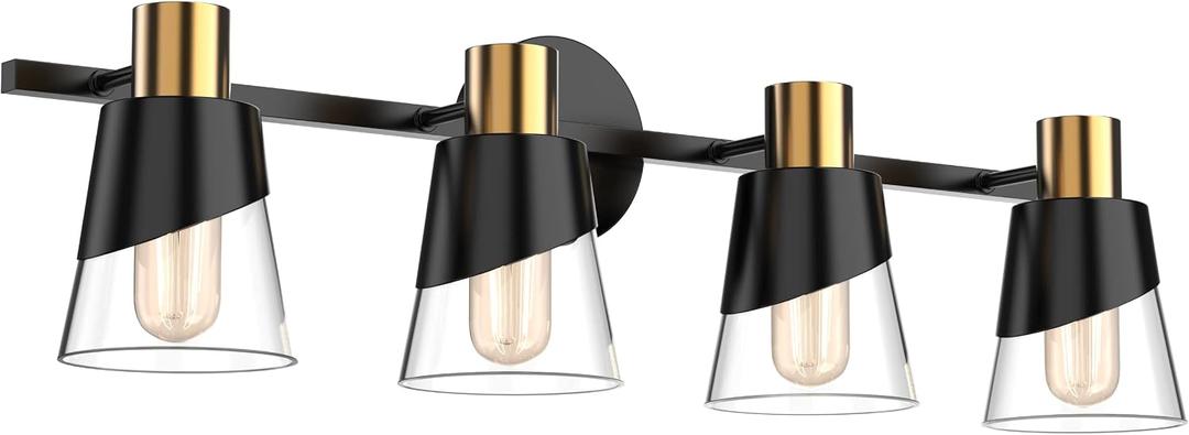 URSOLA Bathroom Light Fixtures, 4 Lights Bathroom Lighting Fixtures Over Mirror, 28.34 inch Black and Gold Design with Bevelled Edge and Clear Glass Shade Wall Lamp