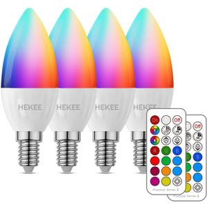 HEKEE E12 LED Candelabra Light Bulbs, Color Changing Candle, C37 B11 40W Incandescent Equivalent, 450 Lumen, RGB + 2700K Warm White, 5Watt, 12 Colors, 2 Modes, Timer, Remote Control(4 Pack)
