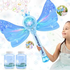 Britik Bubble Wands for Kids Girls - LED Light & Music Bubble Machine: 3 AA Batteries & 1 Bubble Solutions, Outdoor Party Birthday Toys for Toddlers, Gift for 3 4 5 6 7 8 Year Old Girls, Blue