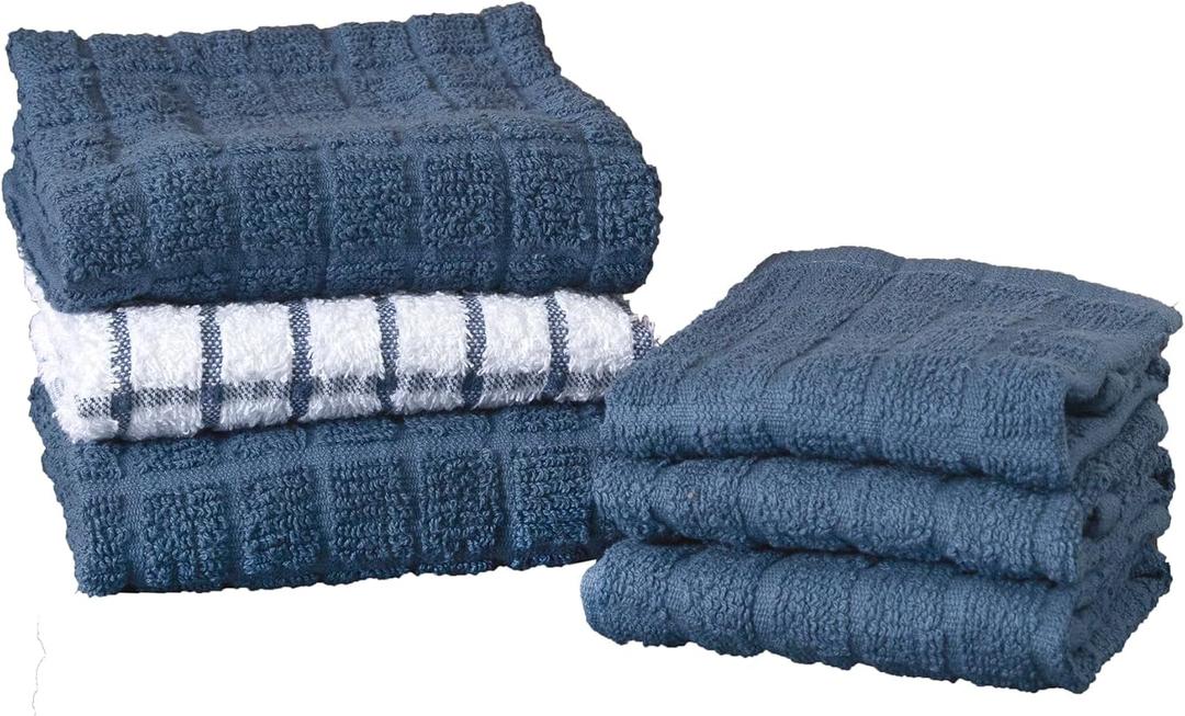 Ritz Premium Kitchen Towel and Dish Cloth Value Set: Highly Absorbent, Super Soft, Long-Lasting, 100% Cotton Checked and Solid Hand Towels, Tea Towels, Bar Towels - 6 Pack, Federal Blue