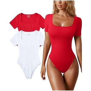 OQQ Women's 2 Piece Bodysuits Sexy Ribbed One Piece Square Neck Short Sleeve Bodysuits S Red & White