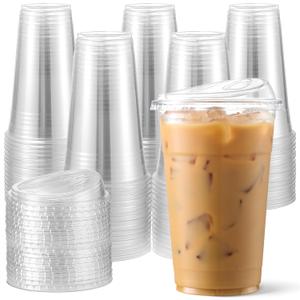 AOZITA 100 Pack 16 oz Plastic Cups With Strawless Sip-Lids, Iced Coffee Cups With Lids BPA Free, Disposable Clear Cups, To Go Cups for Smoothies, Party Drinks, Bubble Tea, Cold Beverage (EXP 01/01/35)