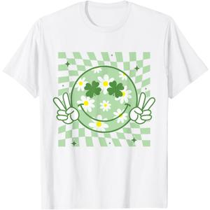 Groovy Shamrock Smile Face St Patricks Day Men Kids Funny T-Shirt (Small, White)