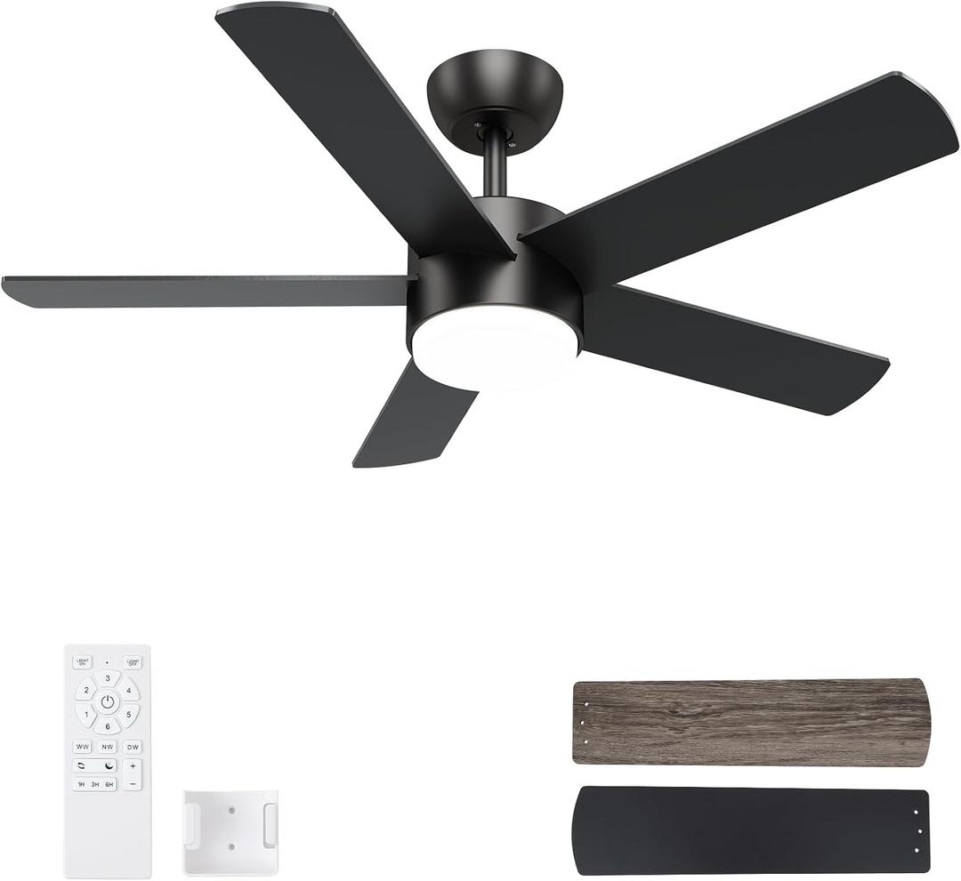 42 inch Black Ceiling Fans with Lights and Remote Control, LED Ceiling Fan Dimmable 3 CCT 6-Speed, Noiseless Modern Ceiling Fan for Bedroom, Living Room, Dining Room, ETL Listed