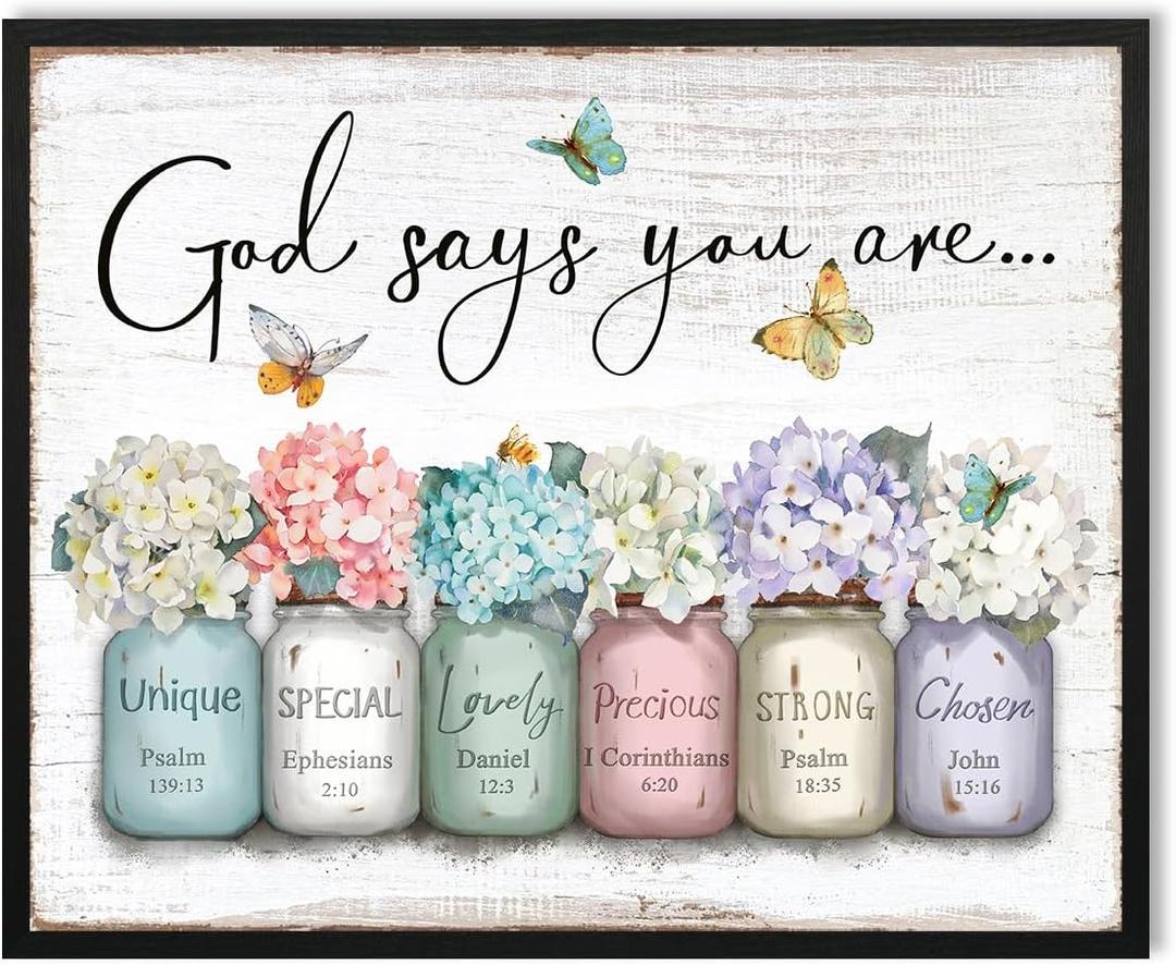 God Says You Are Wall Art: Inspirational Quotes Christian Wall Art Bible Verses Wall Decor Religious Gifts for Women Girls,Hydrangea Flower in Mason Jar Picture Poster Bedroom Decor 16"x20"