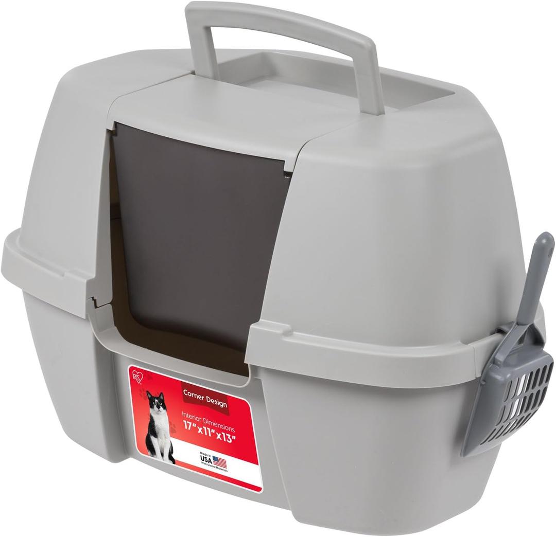 IRIS USA Cat Litter Box - Enclosed Corner Litter Box with Scoop, Hooded Litter Tray for Corners, Space-Saving Covered Litter Box, Odor Defensive, Gray