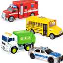 JOYIN 4 Pcs 7" Long Vehicle Toy Set, Toddlers Cars with Lights and Siren Sound, Including Play Police Car, School Bus, Garbage Truck, Ambulance, Birthday Party Gifts Toys for Boys 3-5