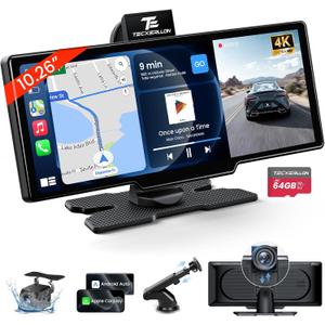 TECXERLLON 10.26" Portable Apple CarPlay Screen for Car, Wireless Car Play & Android Auto, 4K Dash Cam and 1080P Backup Camera, OTA, GPS Navigation, Voice Control, Mirror Link
