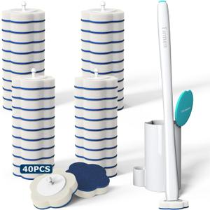 Disposable Toilet Brush: Toilet Bowl Brush and Holder Set with 40 Wand Refills, Upgraded Handle, 2X Cleaners, Toilet Cleaning System with Storage Caddy for Sink, Bathtub, Floor, Drain (Green)