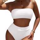 Pink Queen Women's High Waist Bikini Set Removable Strap Bandeau Two Piece Swimsuit Bathing Suit (White, Small)