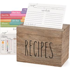 Dahey Wooden Recipe Box Brown Recipe Organizer with 100 Recipe Cards and 6 Dividers, Recipe Card Holder Box Set with Lid and Slots to Write in Your Own Recipes for Cooking Lover Kitchen (6.9x4.3)