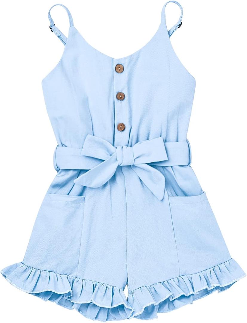 KAFIREN 3T Girl Clothes Baby Adjusatble Strap Sleeveless One-Piece Toddler Romper Ruffle Summer Pocket Jumpsuit Blue 2-3 Years old