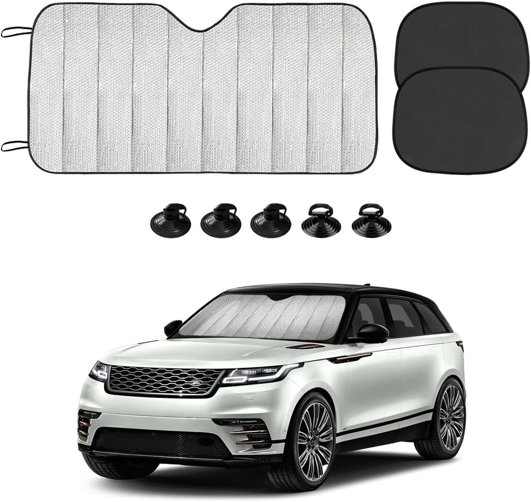 Car Windshield Sun Shade, 55.1"27.5" Foldable Front Window Shade Protect Your Car from Sun Heat & Glare Best UV Ray, Auto Windscreen Sun Blocker Shield with 2 Side Window Shades