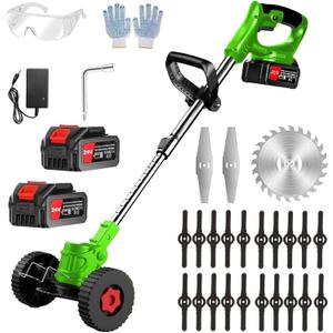 Electric Weed Wacker 24V Electric Weed Cordless Eater with 2pcs Batteries and 3 Types Blades&Auxiliary Wheel Weed Trimmer Lightweight 3 in 1 Stringless Grass Trimmer Edger/Brush Cutter for Lawn