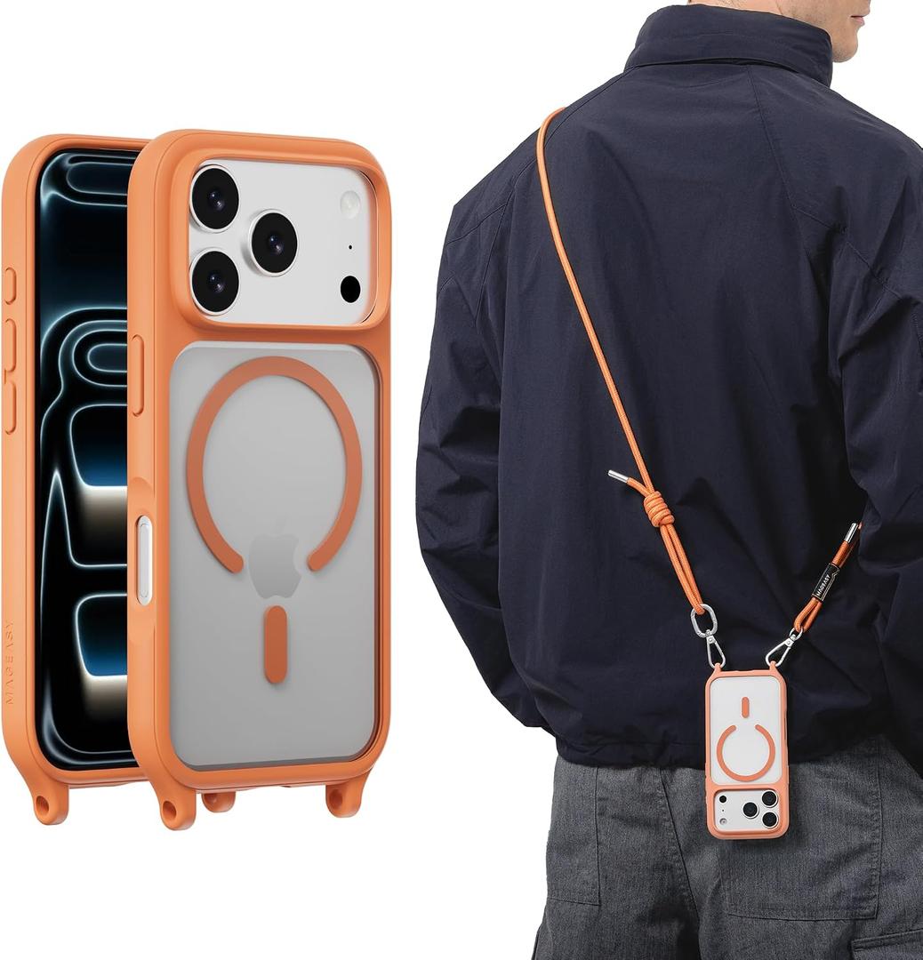 MAGEASY Compatible with iPhone 17 Pro 6.3" Case with Crossbody Strap - 16ft Drop Protection, Compatible with MagSafe | Roam M (Coral)
