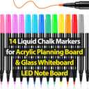 Liquid Chalk Markers for Acrylic Calendar Planning Board LED Note Board Clear Glass Dry Erase Whiteboard Window Mirror Christmas Holidays Painting, 14 Pack, 12 Vibrant Colors, 1mm Fine Points