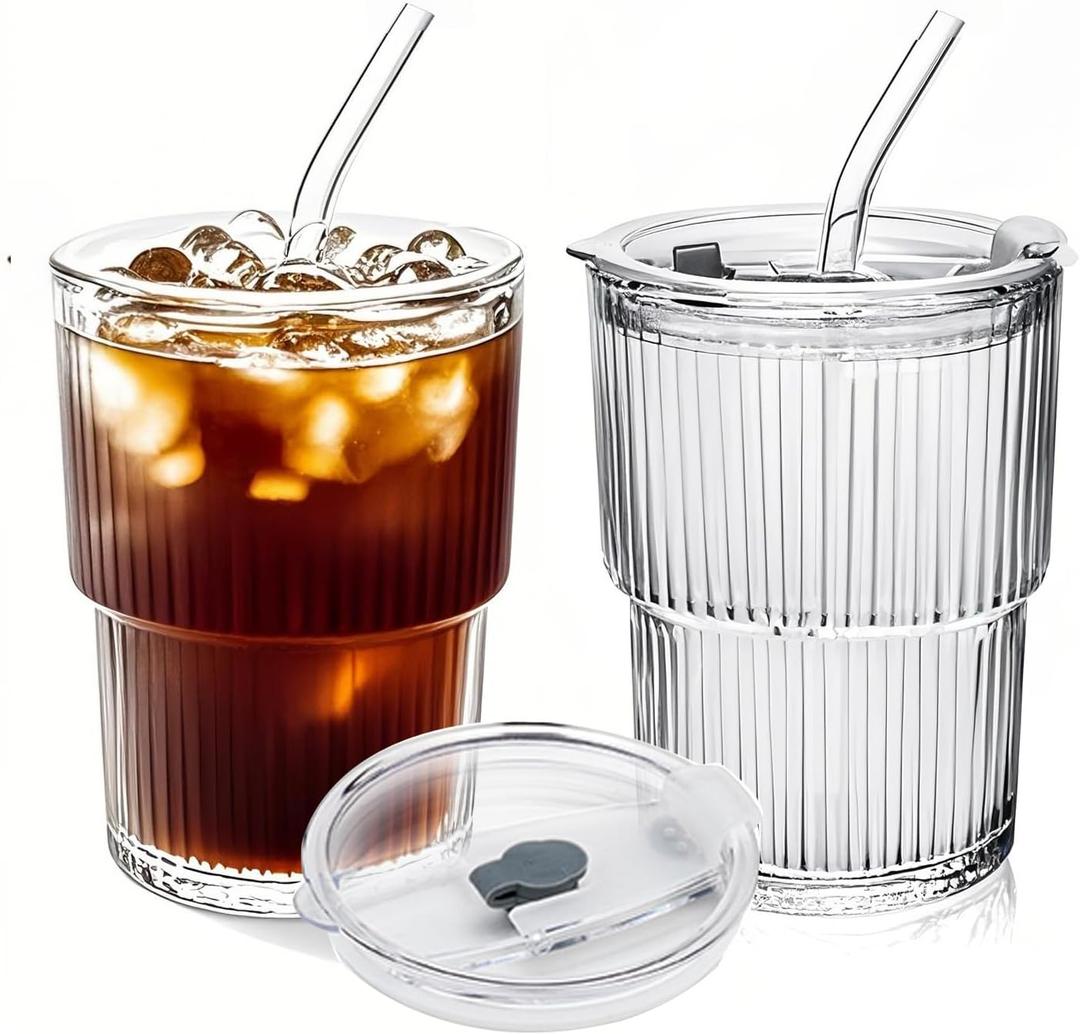 2pcs Glass Coffee Cups with Lids and Straws,13Oz Ice Coffee Cup With Lids Matcha Glass Tumbler With Straws,Glasses Go to Cups Traveling Mugs For Cold Drinks Smoothie Juice Drinking (400ml)