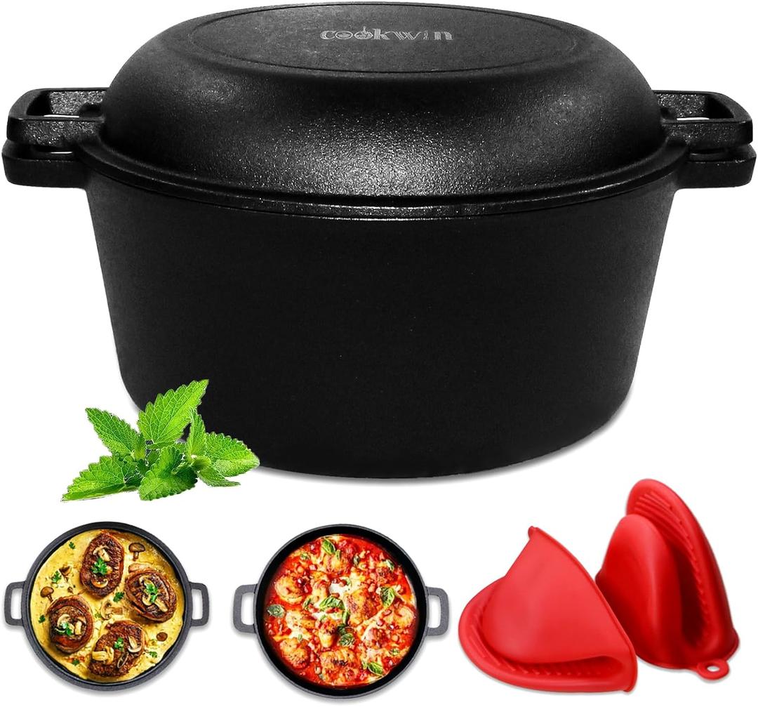 2-in-1 Dutch Oven, Cast Iron Pot with Lid, 5.5 Quart, Pre-Seasoned, All-in-One Cookware Set for Camping, Lodge or RV (Black)