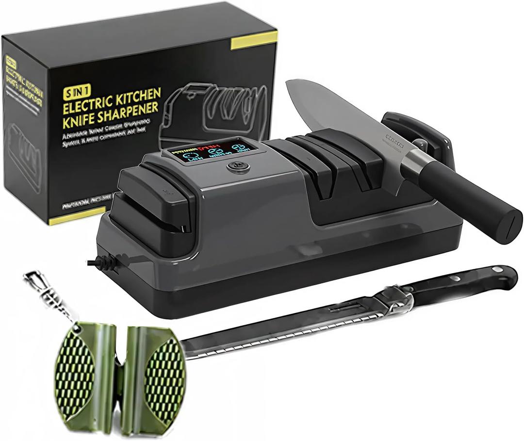 5-in-1 Electric Knife Sharpener for Kitchen Knives, with 100% Diamond Abrasives, 3 Adjustable Speeds, Quickly Sharpening for Straight/Serrated/Kitchen Knives, Scissors (Gray)