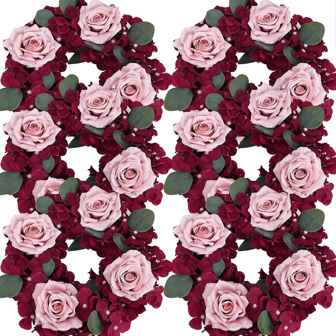 Artificial Flower Candle Rings - 6 Inch Inner Rose Floral Wreaths for Wedding Bridal Event Table Centerpieces Backdrop Decorations (Burgundy & Dusty Pink, 6 X Candle Rings)