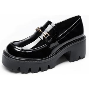 DREAM PAIRS Women Loafers Platform Chunky Heel Slip On Lug Sole Casual Dressy Office Business Shoes (8.5, Black-pat)