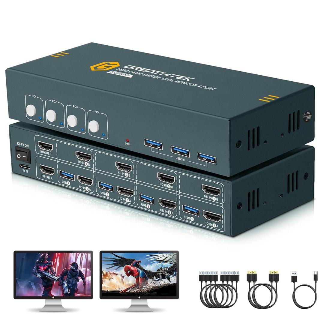 HDMI KVM Switch 4 Computers 2 Monitors,USB3.0 4 Port Dual Monitors Switch for 3 Computers 4 Computers,4k@60HZ,Adaptive EDID,4 in 2 Out KVM Switcher for 4PC/3PC (USB3.0 2 Monitors)