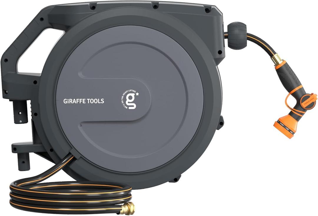 Giraffe Tools PRO Heavy Duty Retractable Garden Hose Reel - 78ft 1/2 Inch Auto Rewind with Any-Length Lock, Wall Mounted Metal Bracket, Commercial Grade for Patio & Lawn (Dark Grey) (1/2 78FT Metal Bracket)