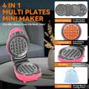 Baker's Friend 4 in 1 Mini Waffle Maker with Removable Plates, Set Includes Mini Pancake, Donut, Heart Shape Waffle Makers, Compact Size, Recipe Included, Red