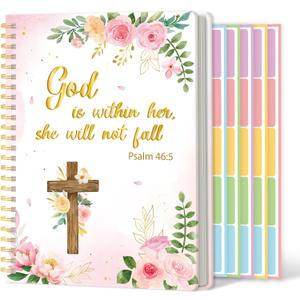 2 x Xqumoi A5 Floral Cross Pink Religious Hardcover Spiral Notebook with Bible Tabs - Flowers Christian Bible Verse Ruled Hardbound Journal Book Labels Index Christmas Gift Sunday School Office Supplies