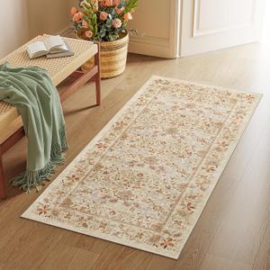 DUKINO 2x4 Rug for Entryway, Lightweight Washable Runner Rug with Non Slip Backing, Vintage Floral Low Pile Small Carpet Runner for Kitchen, Hallway, Entryway, Bathroom, Bedroom, Beige