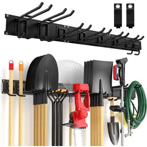 Garage Tool Organizer Wall Mount Garden Tool Organizer 11pcs Adjustable Garage Organizers with 8 Heavy Duty Hooks, Max Load 500lbs Garage Storage for Yard Garden Tools, Shovels, Trimmers, Hoses