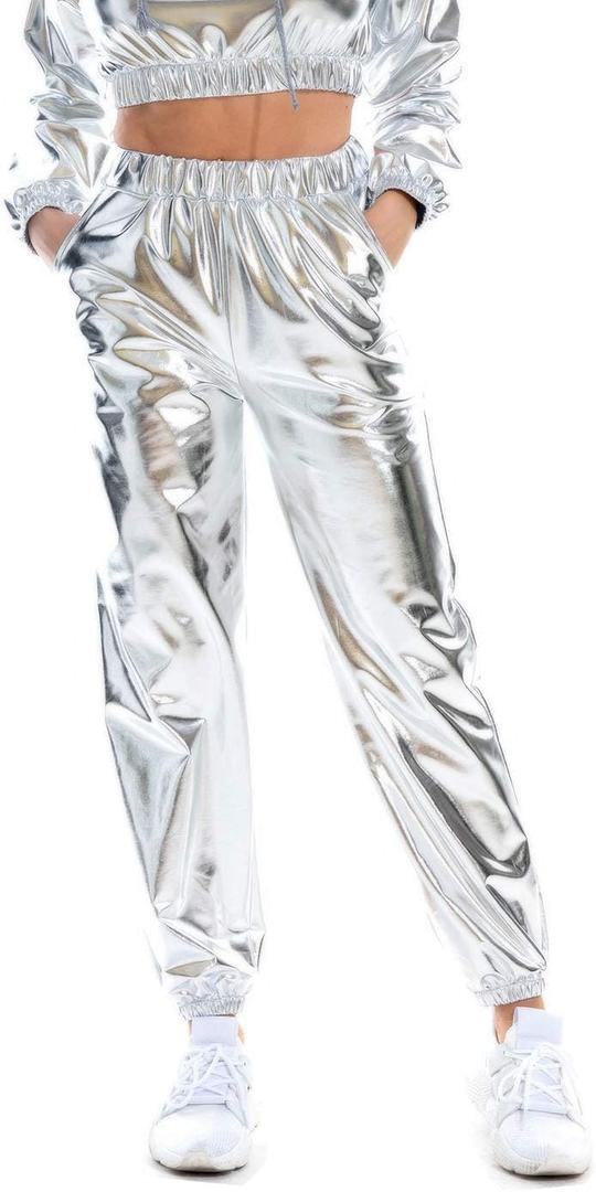 SIAEAMRG Womens Shiny Metallic High Waist Stretchy Jogger Pants, Wet Look Hip Hop Club Wear Holographic Trousers Sweatpant (Silver, S)