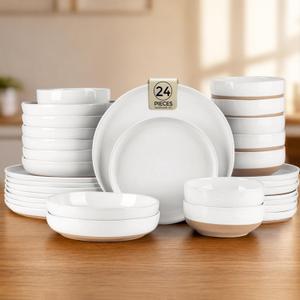 GBHOME 24-Piece Ceramic Dinnerware Set for 6, Handpainted Plates, Pasta Bowls & Bowls Set with Rustic Terracotta Underside, Scratch-Resistant, Dishwasher & Microwave Safe,Speckled Glaze White