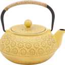 Juvale Japanese Cast Iron Teapot - Stainless-Steel Infuser & Loose Leaf Tea Pot - Superior Heat Retention Cast Iron Kettle - Elegant Floral Trivet For Home Tea Set - 800 ml, Yellow