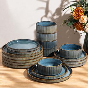 GBHOME Stoneware Dinnerware Sets for 6, 18-Piece Plates and Bowls Set, Space Blue