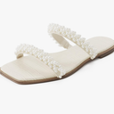 LACUONE Pearl Strap Flat Sandals For Women Slip On Square Open Toe Slides Sandals, Size: 7