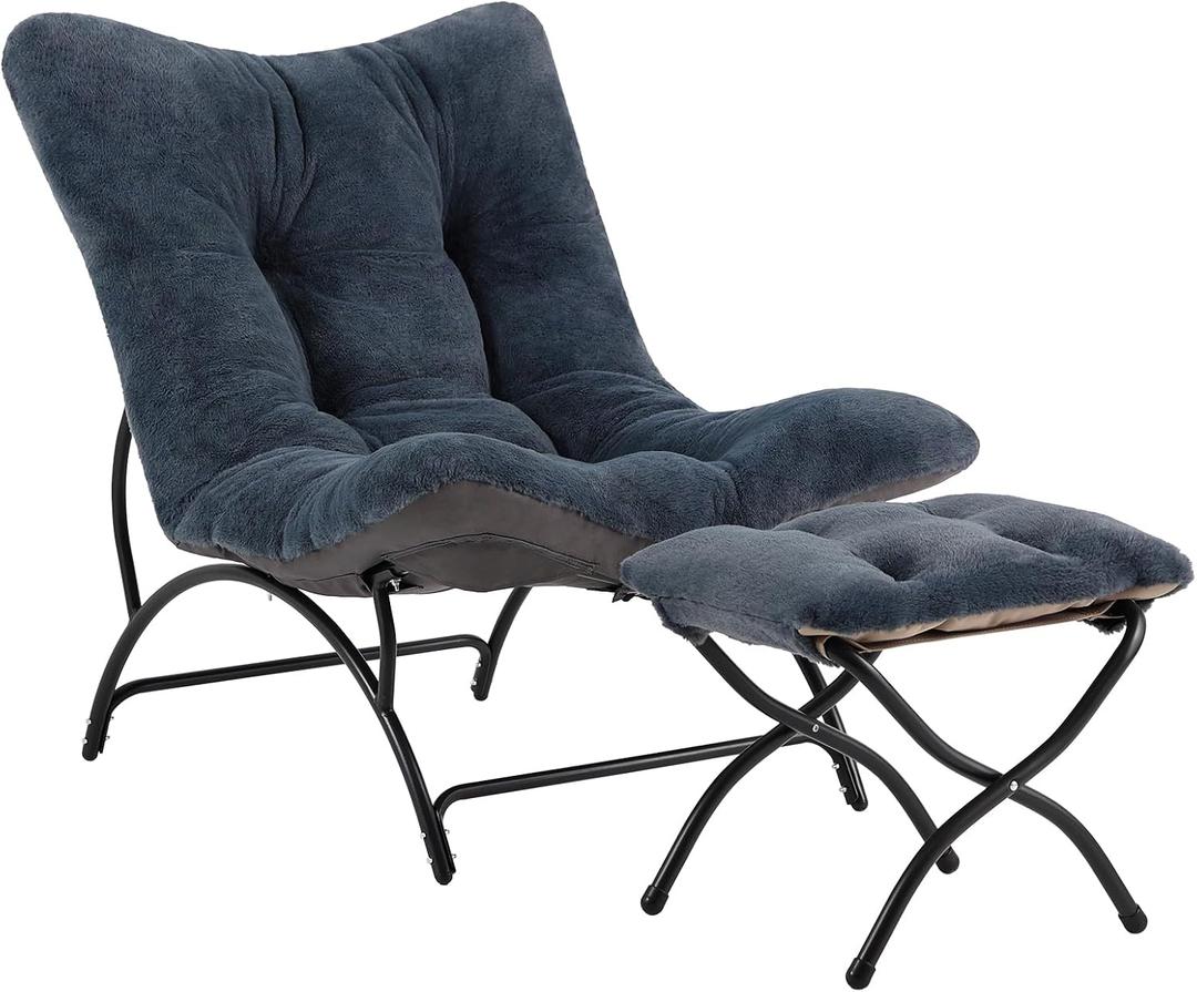 Tiita Accent Lazy Chair with Ottoman, Comfy Lounge Chair with Metal Frame and Plush Fabric, Thick Cushion Seated Cozy Recliner Chair for Reading Room, Living Room, Bedroom, Office, Dark Gray, Set