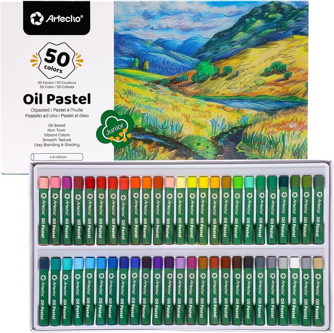 Artecho Oil Pastels Set of 50 Colors (8 x 60 mm), Soft Oil Pastels for Art Painting, Drawing, Blending, Art Supplies for Artists, Teachers