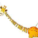 Giraffe Happy Birthday Party Banner, Cartoon Safari Animal Garland, Kids Jungle Themed Birthday Decorations, Funny Wall Hanging Letter Bunting for Children's Party Supplies