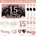 15th Birthday Decorations for Girls, 49pcs Black Rose Gold Black Banner, Tablecloth, Butterfly Decor, 15th Birthday Sash and Tiara, Cake Topper, Candles, Balloons Arch