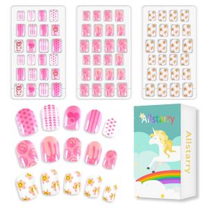 2 x Allstarry 72pcs 3 pack Children Nails Press on Pre-glue Full Cover Bear Sunflower Doughnut Short False Nail Kits Lovely Gift for Children Little Girls Nail Art Decoration - Pink Party