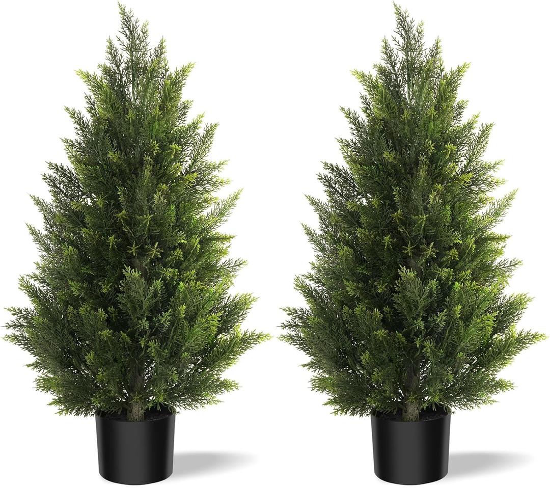Outdoor Artificial Cedar Topiary Tree 3FT Tall 2 Set, Faux Evergreen Shrubs for Front Porch Decor, Lifelike Fake Bushes Plants for Home Living Room Front Door Decor