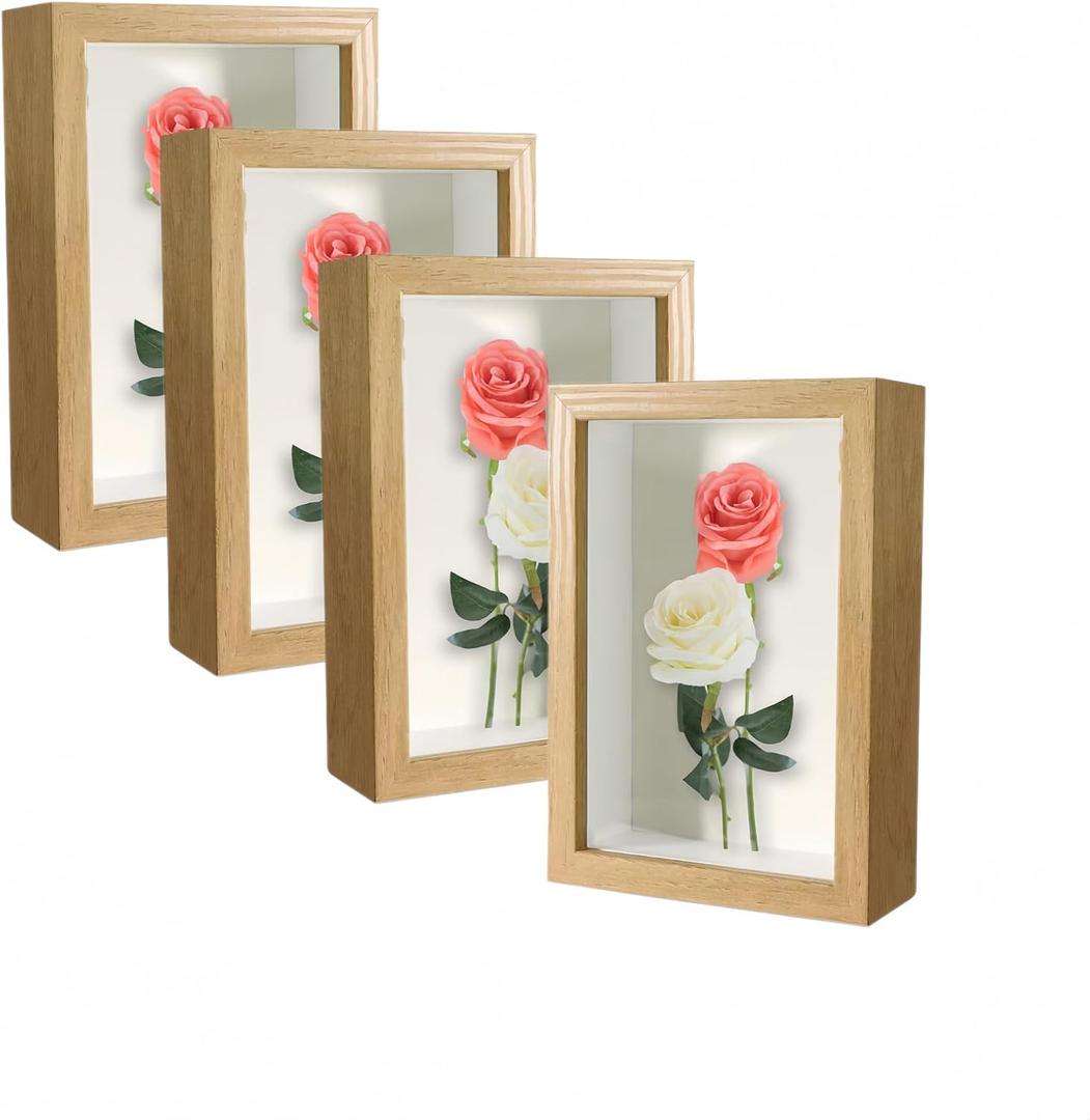4 Pack 4x6 Shadow Box FrameHD Glass Wooden Burlywood Hollow Photo Frame,Burlywood Frames for Flower Pressing, Seashell Display Box ,Pet Memorial Shadow Box ( 4pcs 4X6)