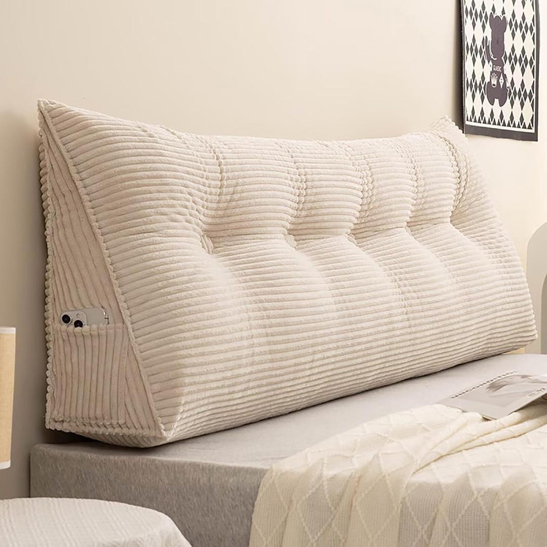 Twin Wedge Pillow Headboard College Dorm Bed Backrest Triangular Headboard Pillows with Side Pocket Dorm Bed Cushion, Cream White