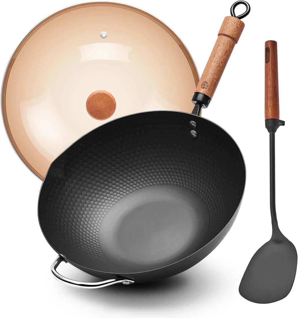 WANGYUANJI Carbon Steel Wok with Lid, 12.6" Hammered Stir Fry Pan with Helper Handle & Iron Spatula, Thickened Heavy Duty Flat Bottom Wok for Induction, Electric & Gas Stoves, Metal Utensil Safe